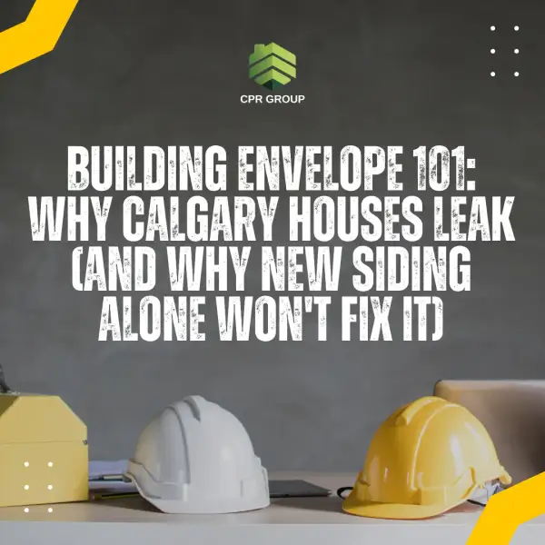 Building Envelope 101: why Calgary houses leak and why new siding alone won't fix it, with hard hats on a work table