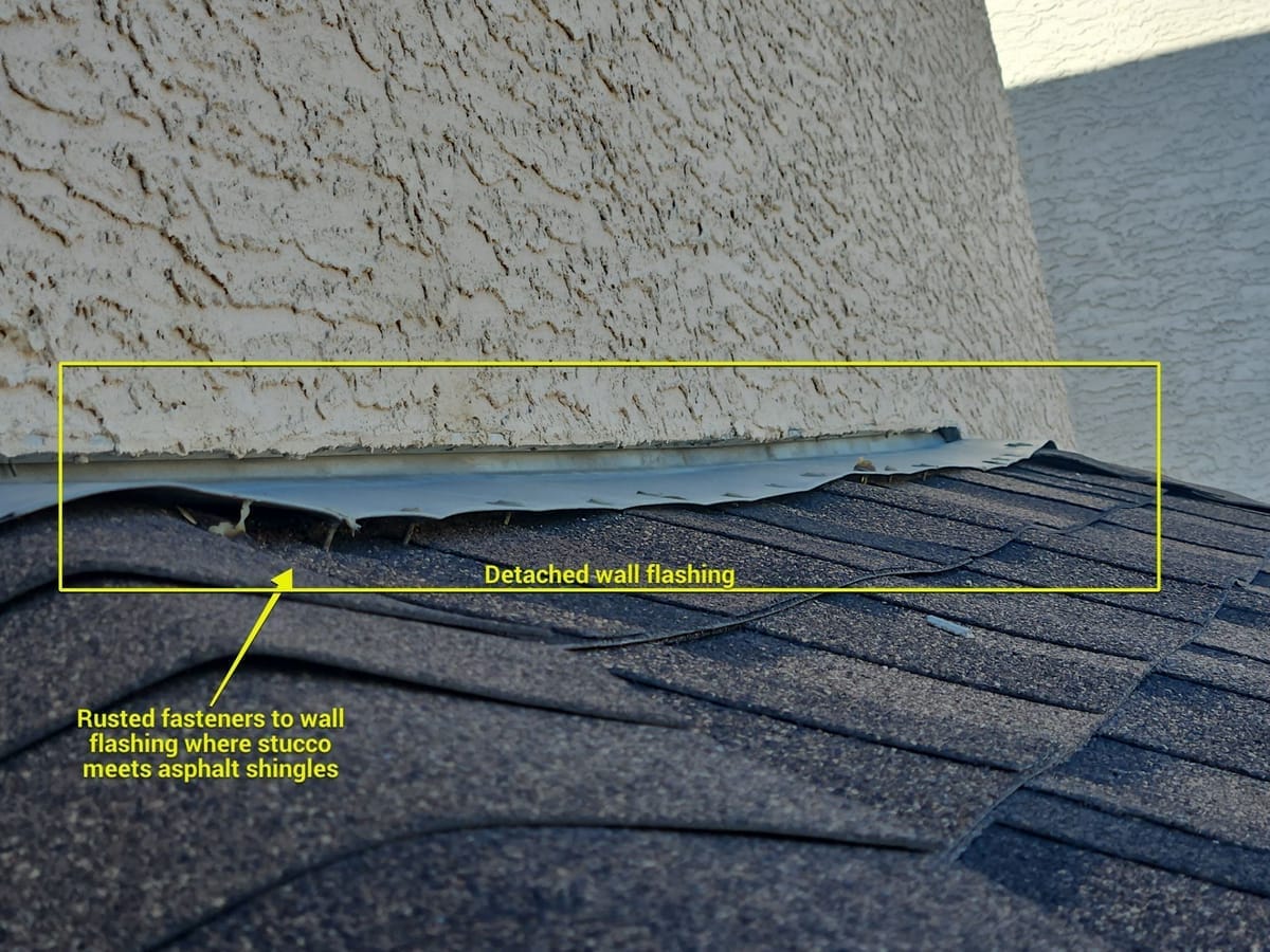 Detached wall flashing over time experiencing water ingress and dampening sheathing to bump out of house