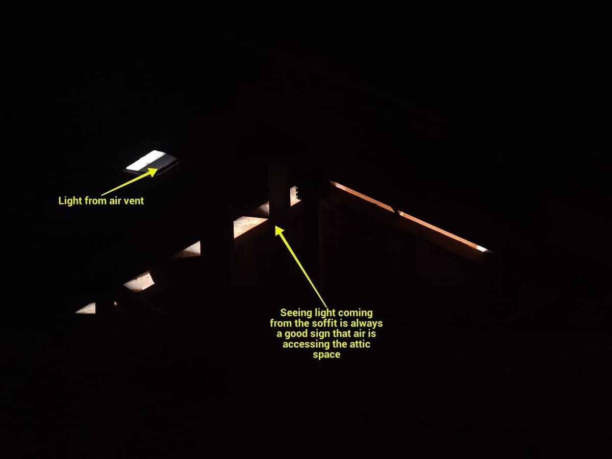 view of attic. Light coming through air vent (top left) and soffit