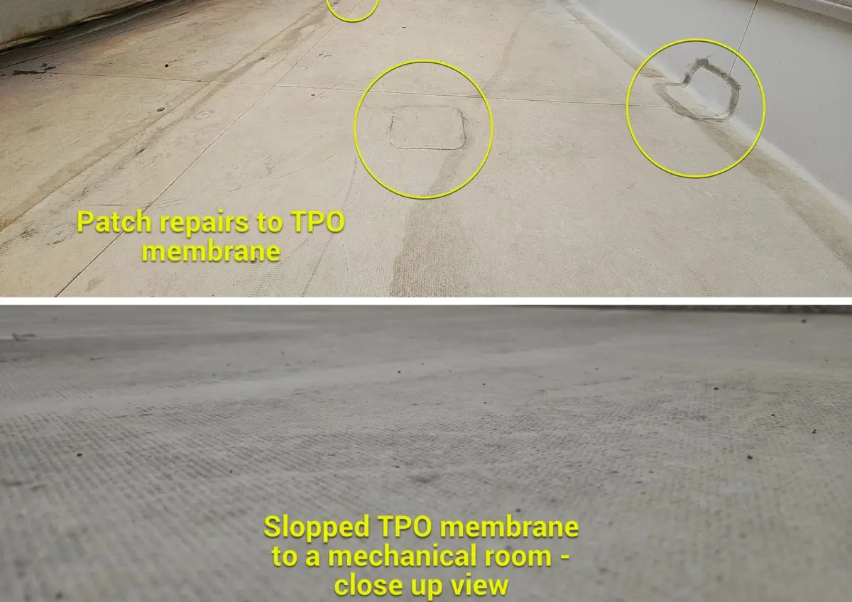 two photos showing TPO membrane patched where hvac unit is on roof access, and another photo below showing TPO no punctures when no hvac unit