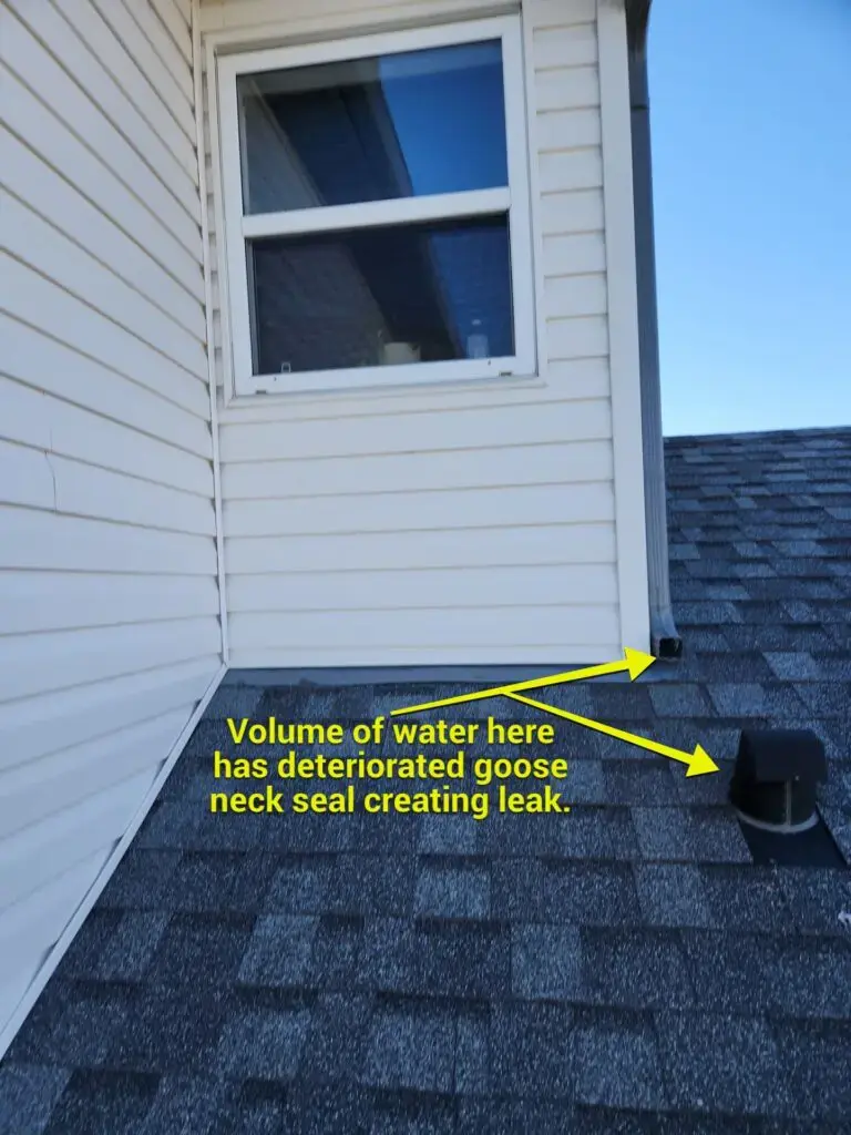 Example how improper downpipe can create further roof issues when not addressed timely in Langdon