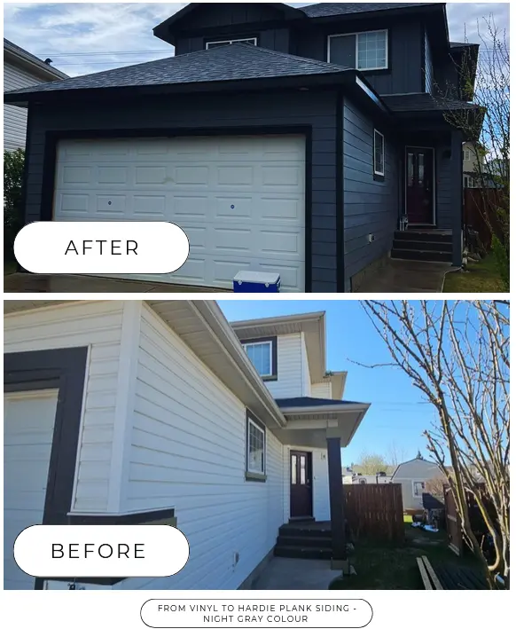 Before and after photo showing upgraded siding from vinyl to Hardie lap plank - Night Gray colour