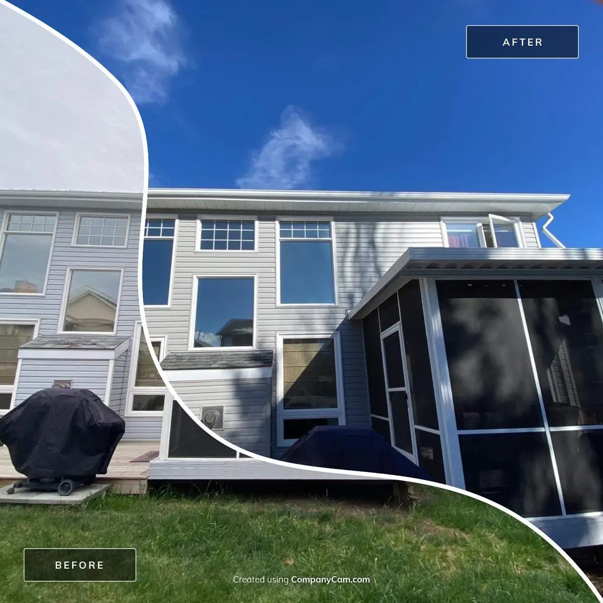 Before after photo of a vynil replacement project back of the house in Calgary