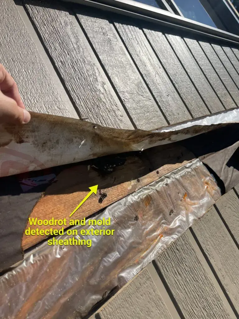 Removed wooden siding to inspect woodrot and mold to exterior wall sheathing at 67 Bel-Aire Pl SW Calgary, AB T2V 2C3