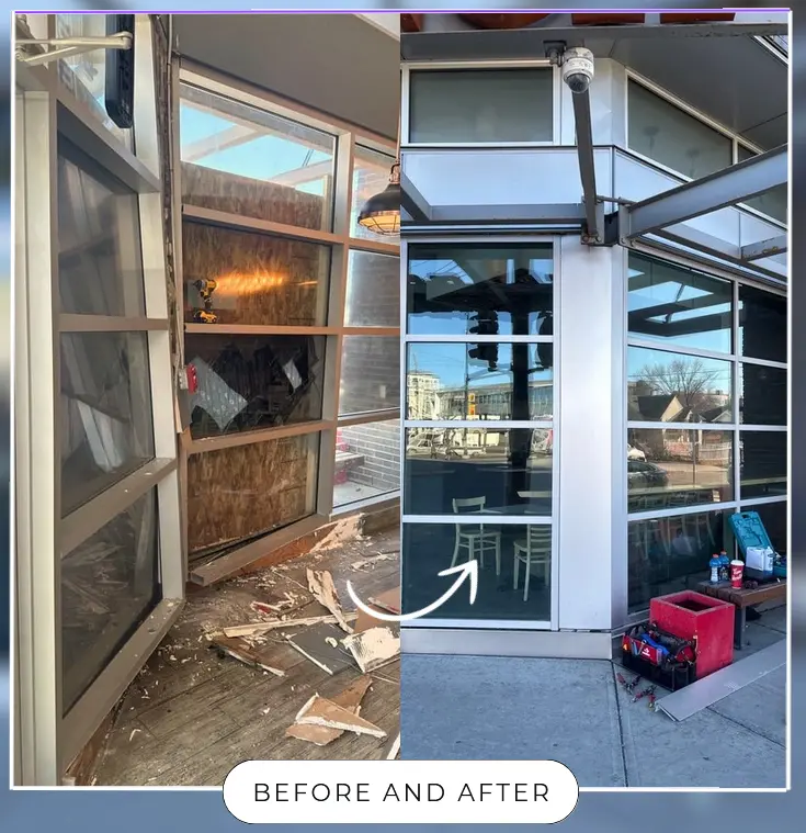 Commercial restoration involving vehicle impact at Copper Branch Marquee Building in Calgary