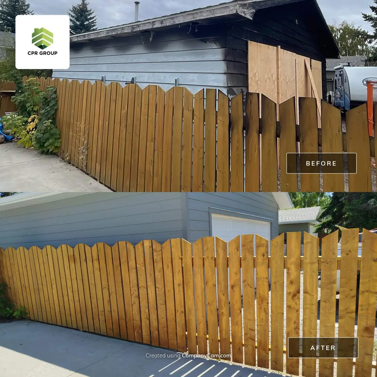 Before and after photo of replaced smoke and fire damaged fence with new one