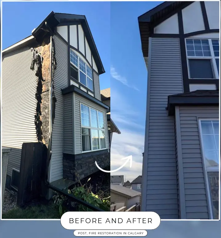 Before and after photos of fire and smoke damage remediation to house in Cranford Place SE, Calgary