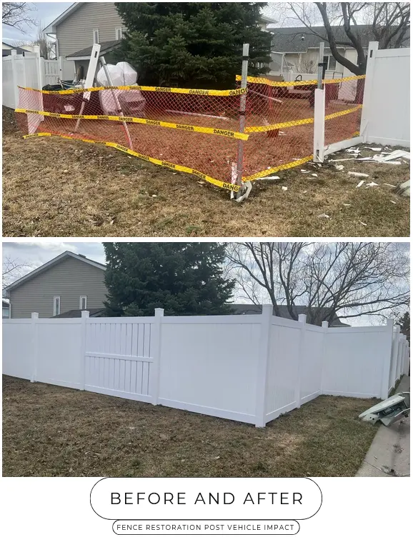 white matching fence restoration after wind damage before and after photo rebuild