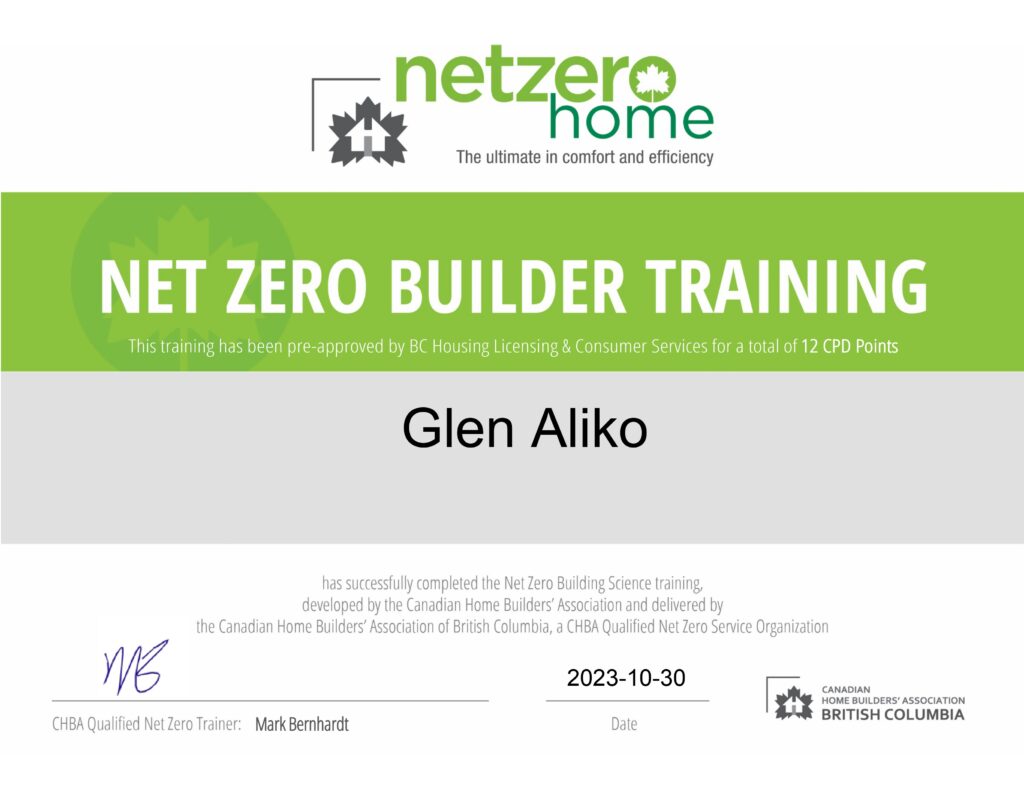 2023 net zero bulding science certificate for Glen Aliko