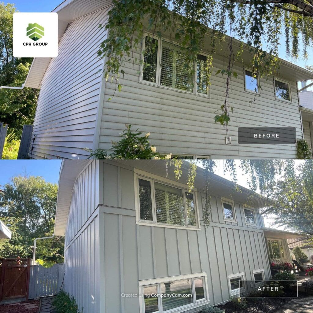 before-and-after-james-hardie-board-and-batten-installation-calgary before and after photo of house upgrading to board and batten by James Hardie