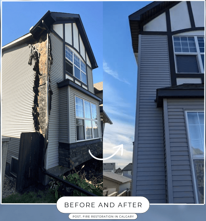 fire-restoration-exterior-cranford-place-se-calgary Before and after photos of fire and smoke damage remedition to house in Cranford Place SE, Calgary