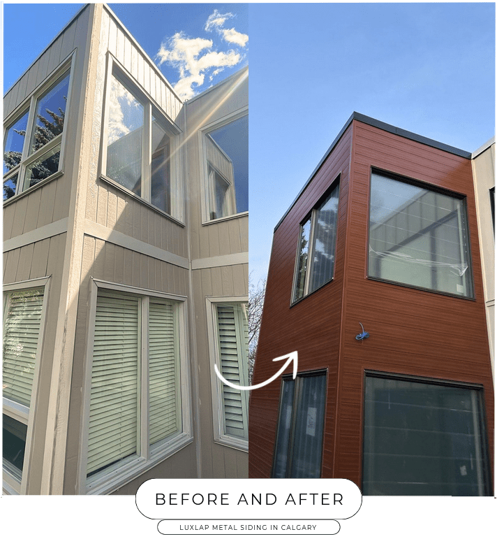 before and after metal siding installation finish in Calgary 67 Bel-Aire Pl SW Calgary, AB T2V 2C3