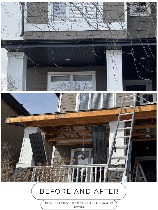 before and after photo showing replacement of black vented soffit, fascia and soffit j-channels before and after photo showing replacement of black vented soffit, fascia and soffit j-channels