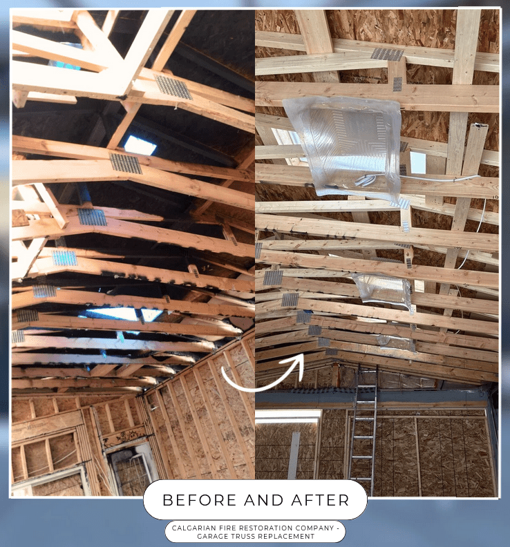 replacement-garage-engineered-truss-post-fire-event-calgary-SE Photo showing before and after remediation efforts - fire garage in south-east Calgary