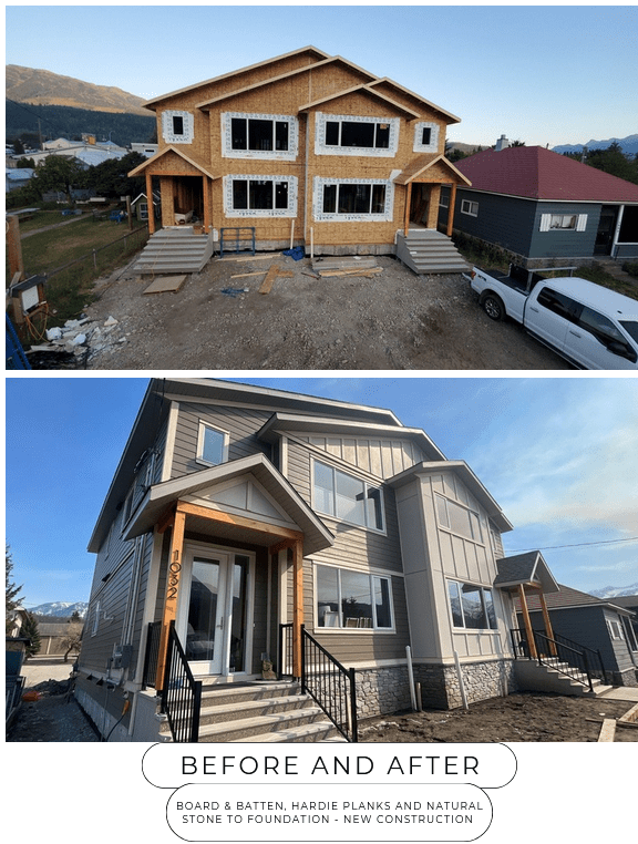 exterior-new-siding-new-duplex-calgary new duplex exterior wrap with hardie plank, board and batter and masonry