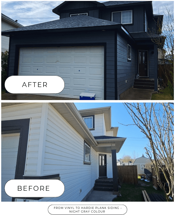 from-vinyl-hardie-plank-upgrade-night-gray-colour before and after photo showing upgraded siding from vinyl siding to hardie board siding by CPR Group hardie plan installers