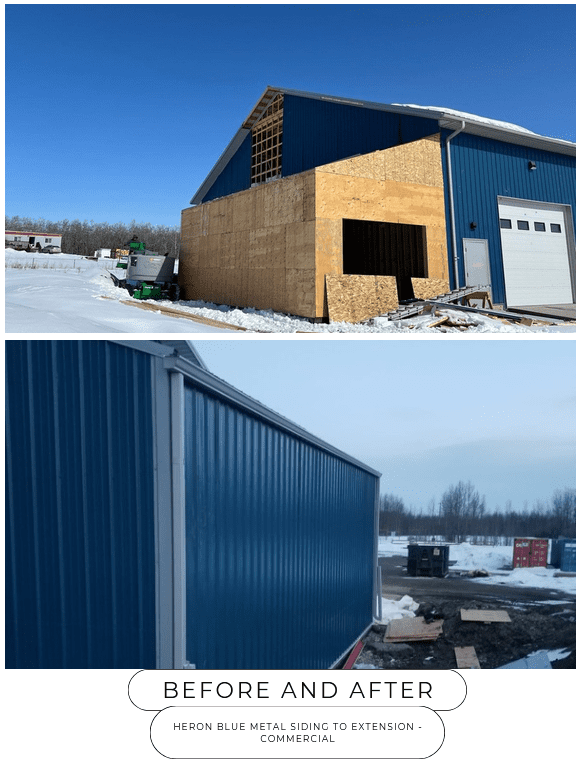 heron-blue-metal-siding-new-extension-commercial-shop heron blue metal siding to new build extension before and after photo