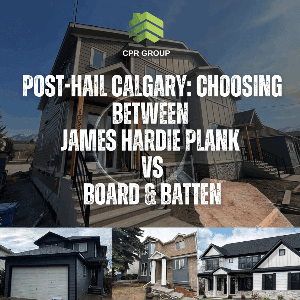 photo featuring a title "post-hail Calgary: choosing between james hardie plank vs board & batten" for an article explaining the title