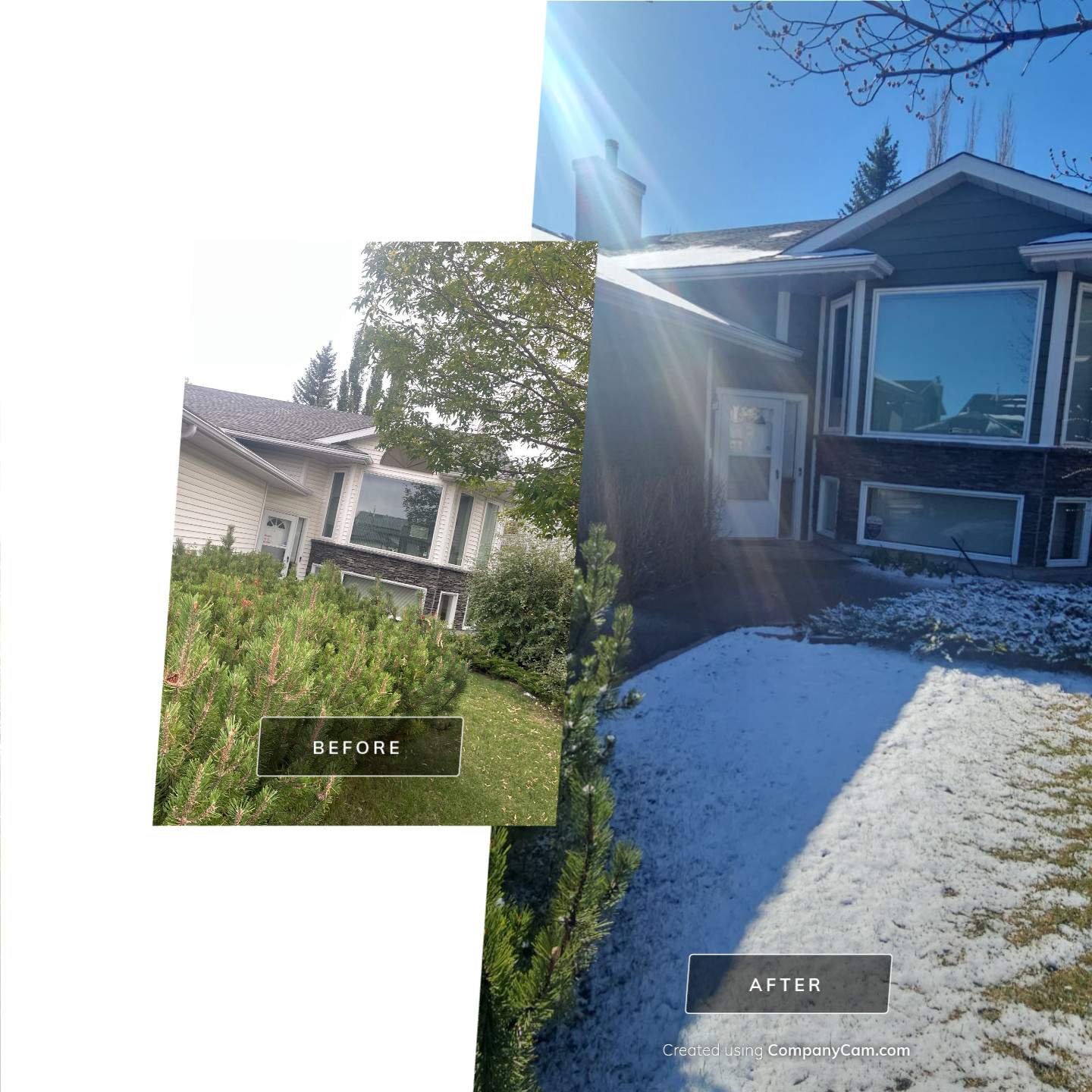 HardiePlank lap siding before and after installed in Sandrigham Place NW, Calgary