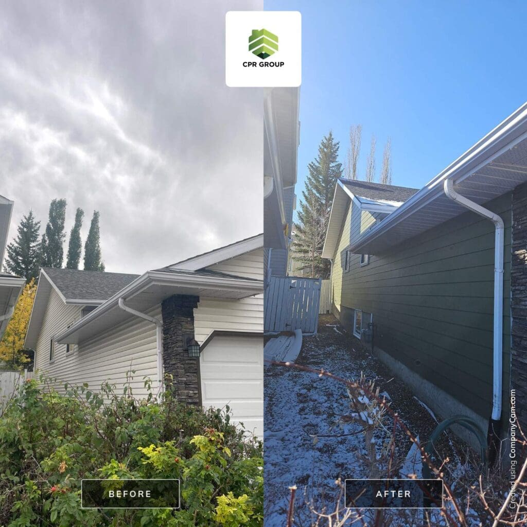 left-elevation-house-hardie-plank-lap-siding-before-after Left elevation of house before and after house Hardie Plank in Mountain Sage colour