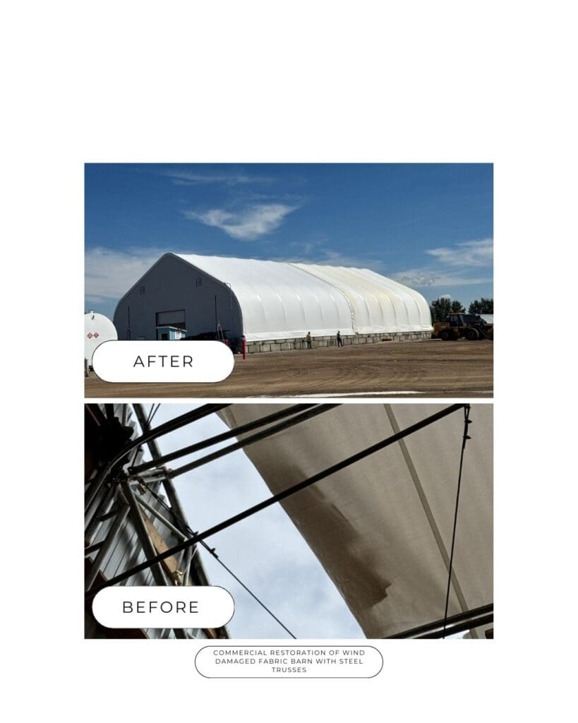 commercial-fabric-covered-barn-steel-trusses-before-after-photo-picture-butte-ab Before and after photo showing restoration of commercial barn with steel trusses and fabric cover post wind damage